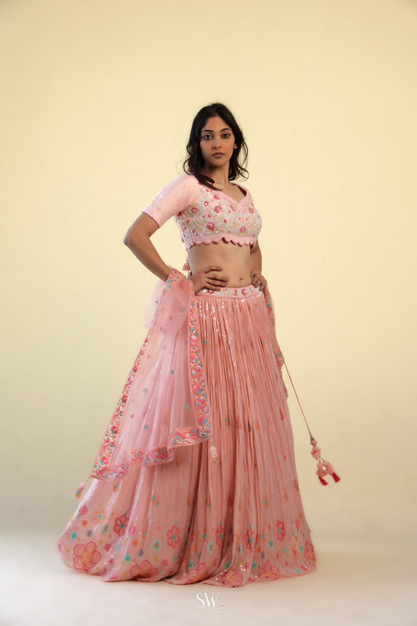 Sweet Pink Floral Lehenga Set With Hand Embroidery