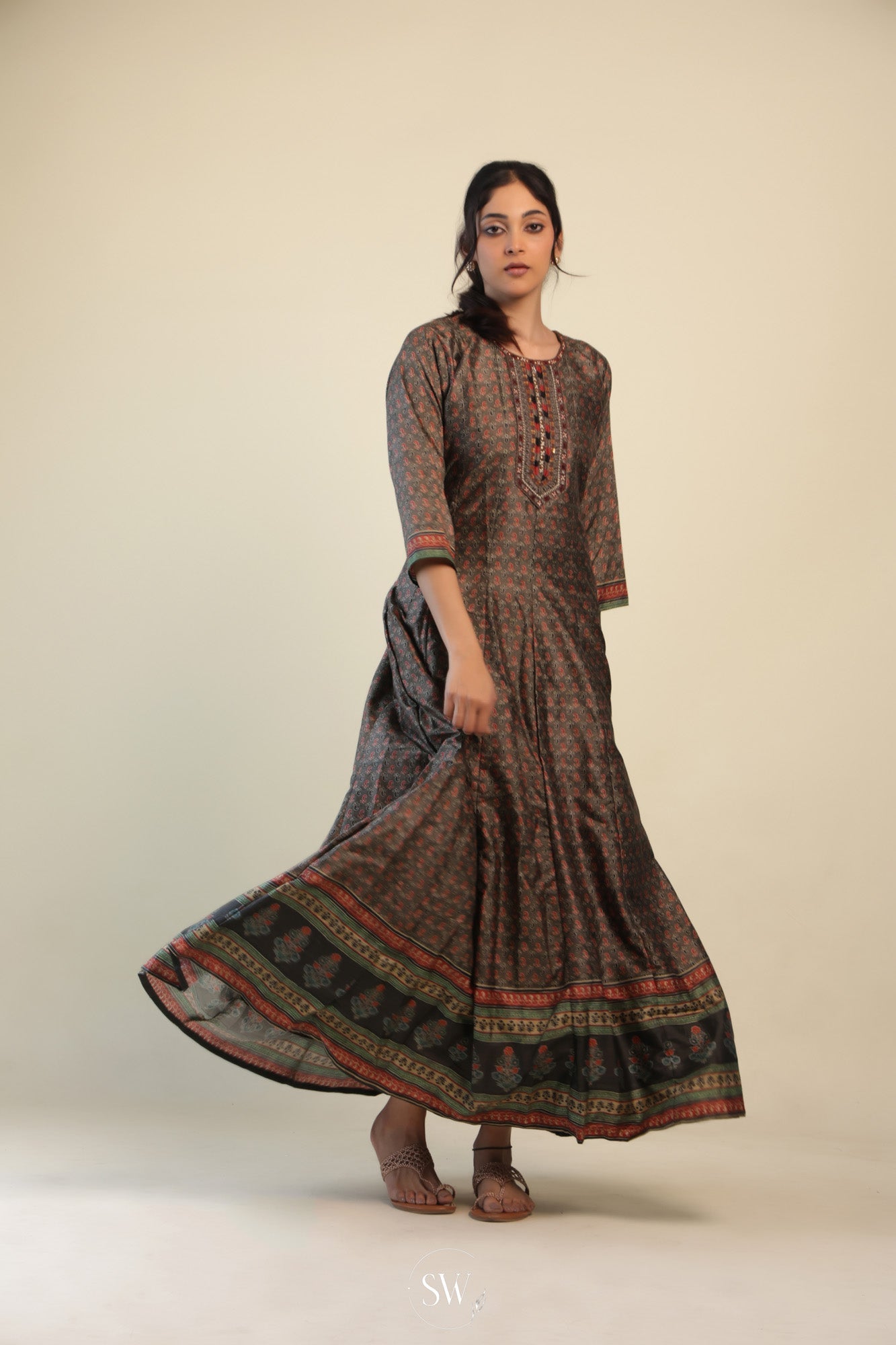Olive Green Printed Kurti With Floral-Paisley Buttis
