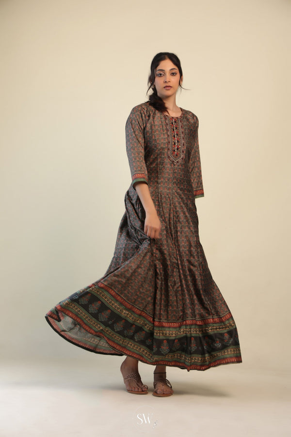 Olive Green Printed Kurti With Floral-Paisley Buttis