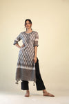 Stone Grey-White Printed Kurti With Hand Embroidery