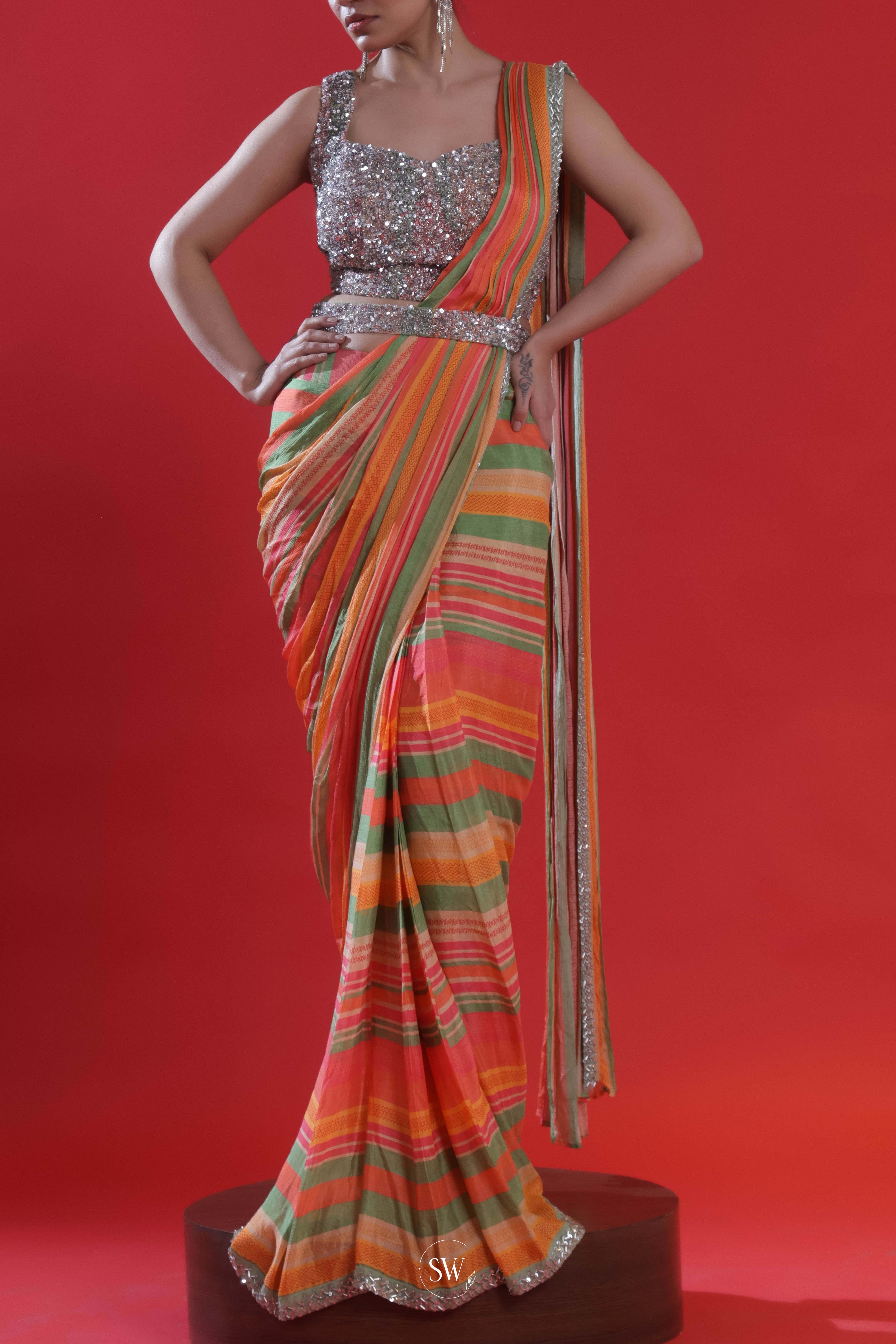 Orange Multicolour Draped Saree