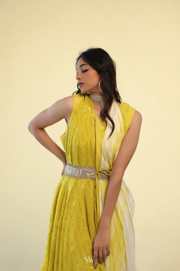 Pear Green Indo Western Dress With Hand Embroidery