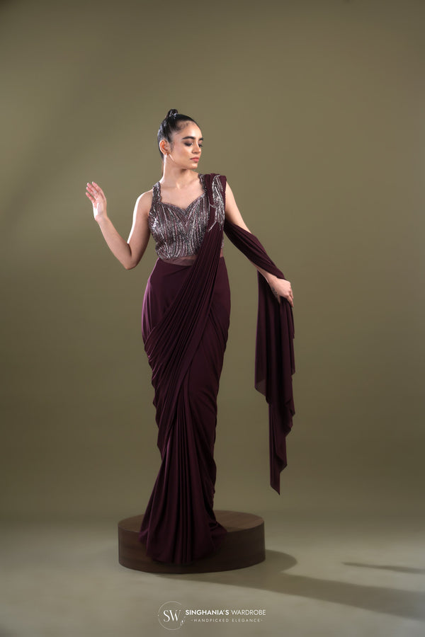 Wine Maroon Draped Saree With Embellished Blouse
