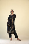 Neutral Black Straight Suit Set With Floral Weaving