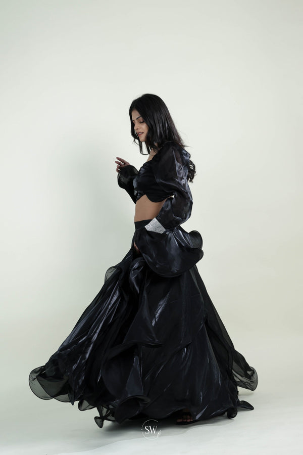 Rich Black Plain Lehenga Set With Embroidered Lacework