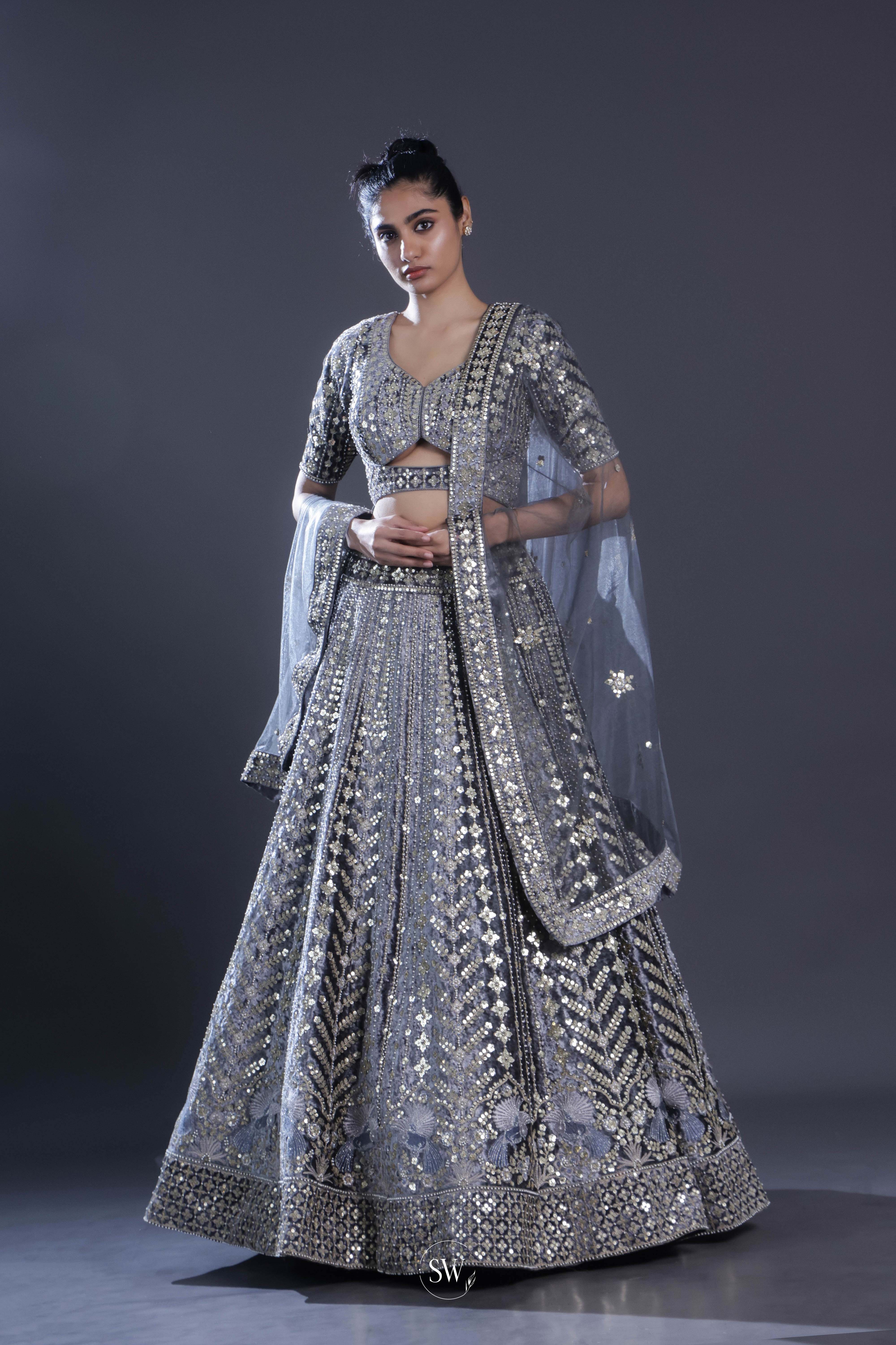 Light Slate Grey Embroidered Lehenga Set