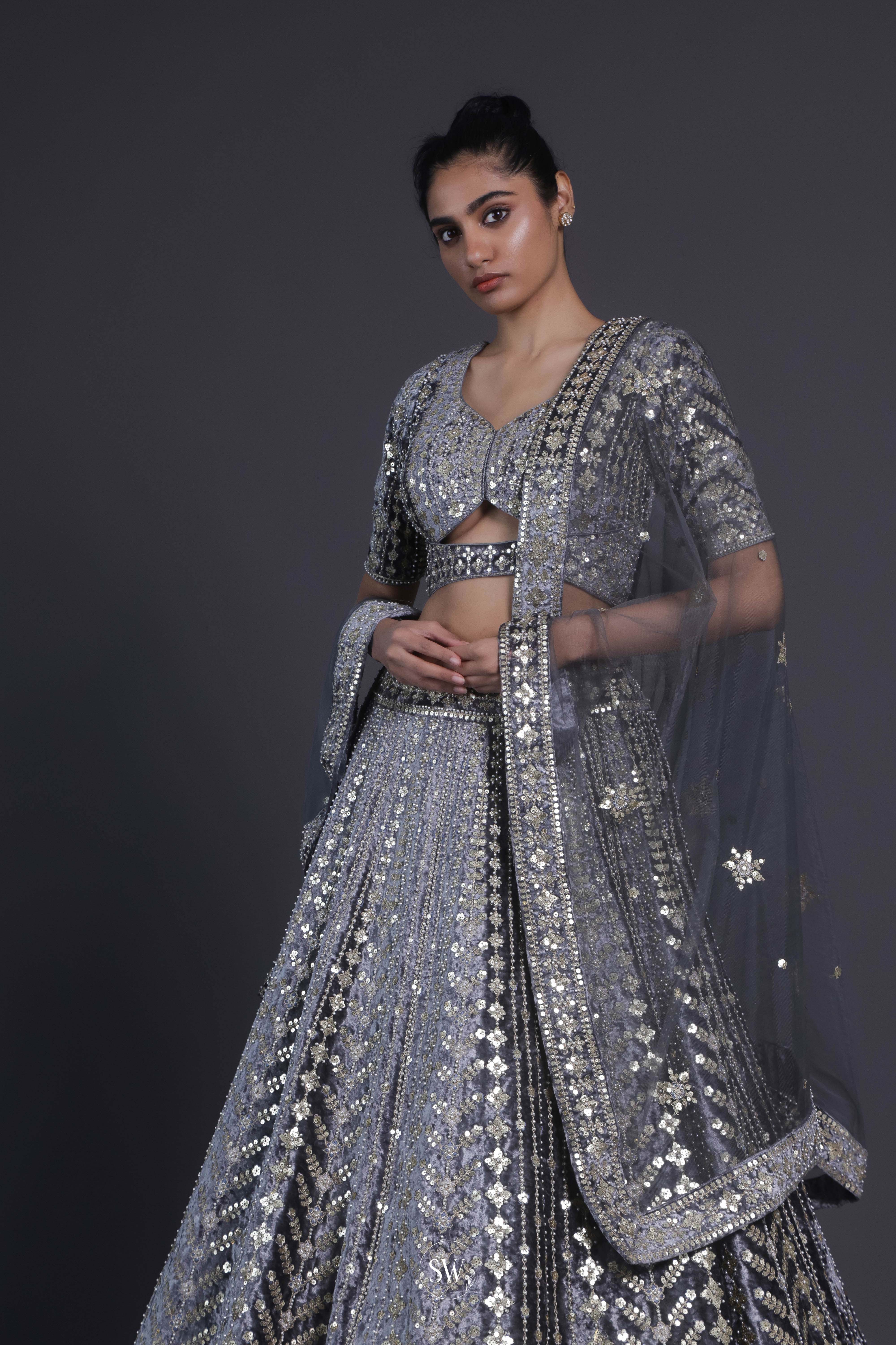 Light Slate Grey Embroidered Lehenga Set