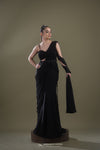 Rich Black Draped Saree With Stripes Embroidery