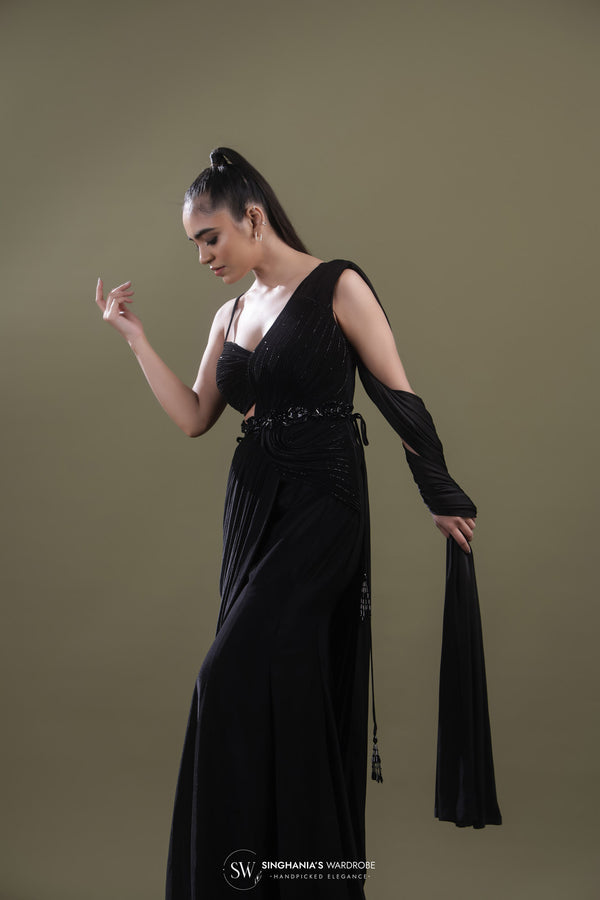 Rich Black Draped Saree With Stripes Embroidery