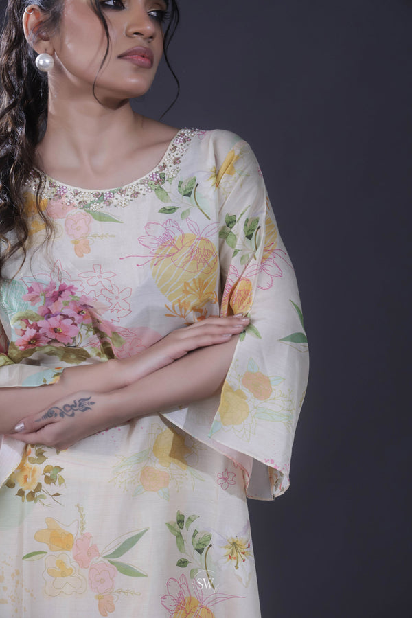Cream White Printed Kurta Set