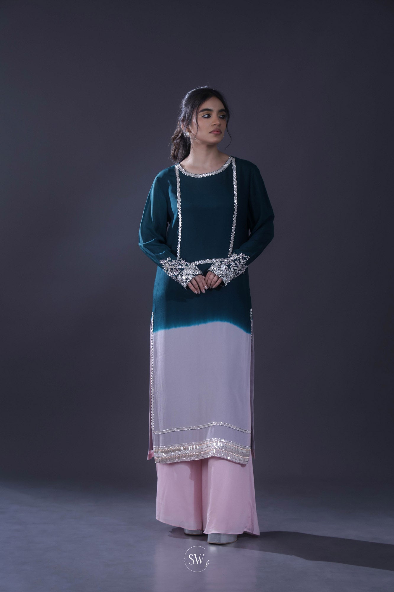 Teal Blue-Pink Handcrafted Kurta Set