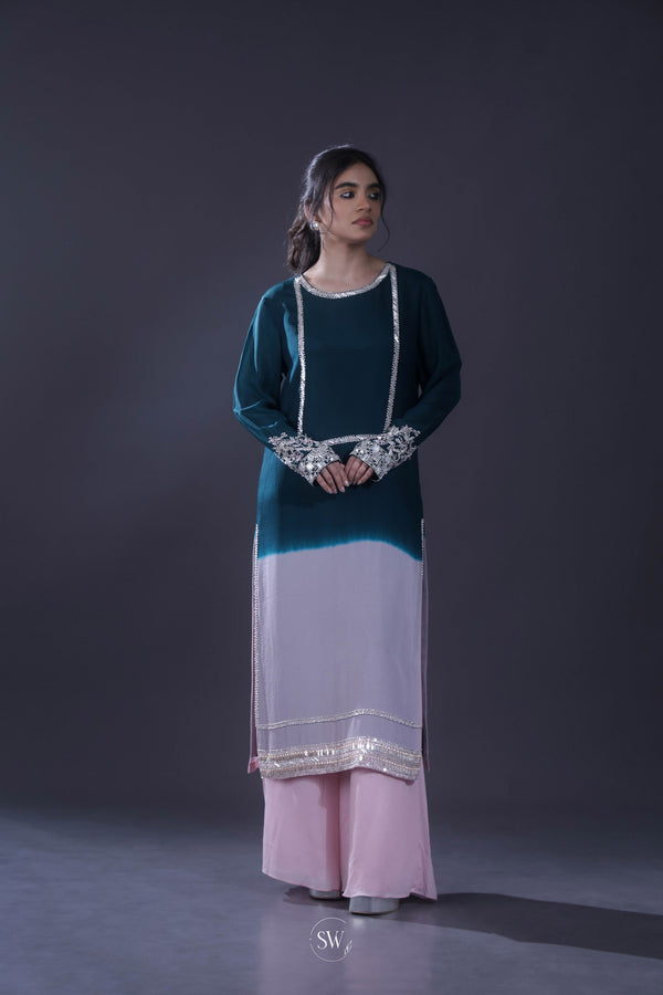 Teal Blue-Pink Handcrafted Kurta Set