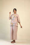 Champagne Pink Printed Top And Bottom Set With Floral Design