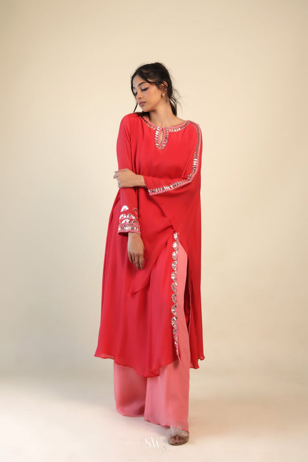 Cardinals Red Indo Western Dress With Hand Embroidery