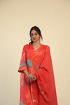 Prismatic Red Printed Straight Suit Set With Floral Patterns