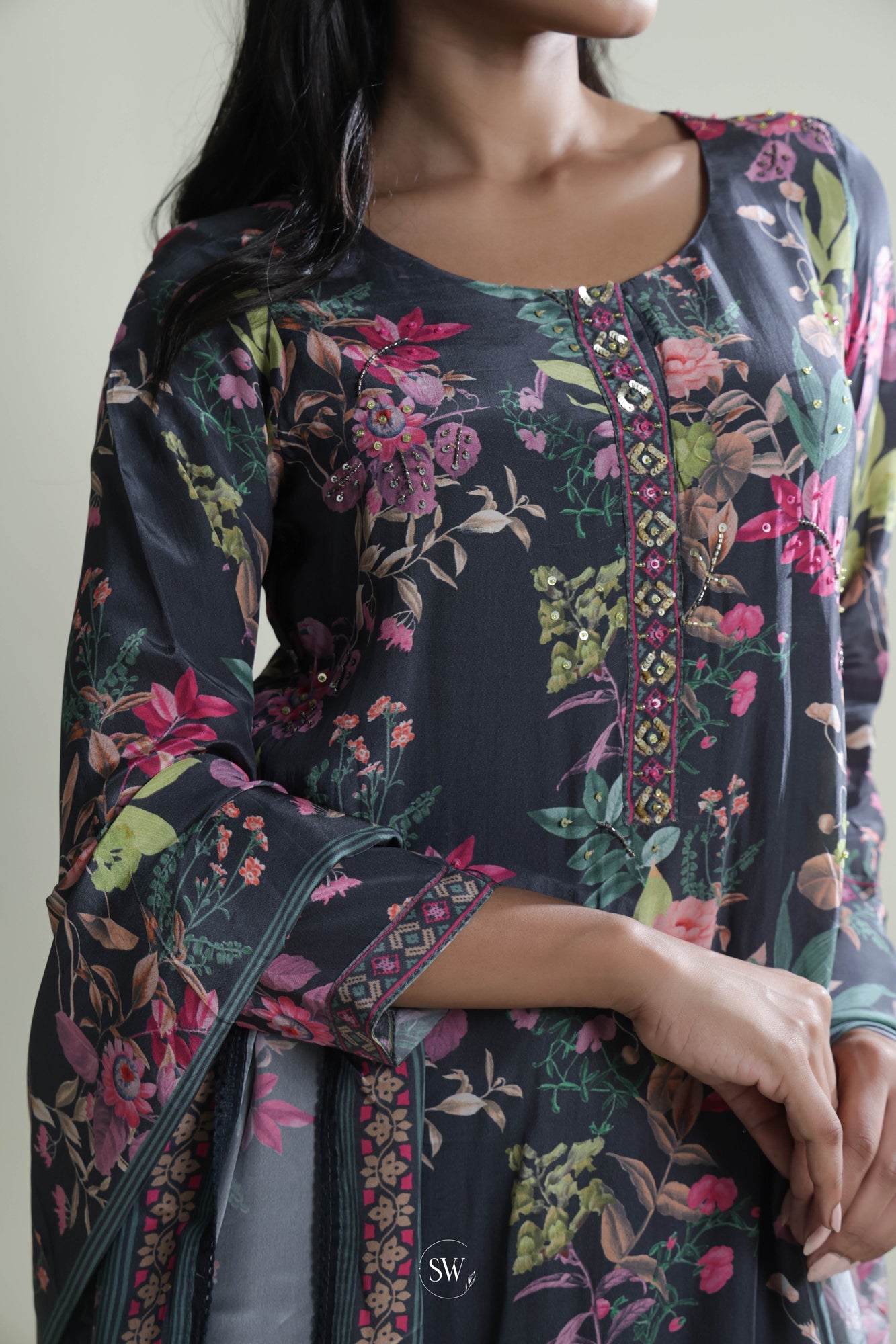 Charcoal Black Printed Straight Suit Set With Floral Design
