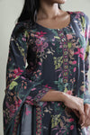 Charcoal Black Printed Straight Suit Set With Floral Design