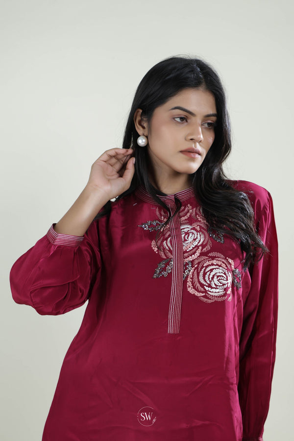 Hibiscus Red Top & Bottom Set With Hand Embroidery