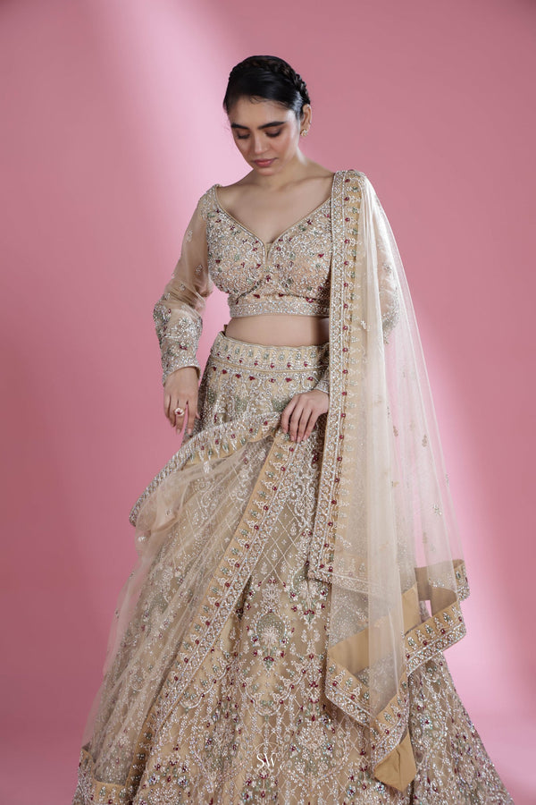 Light Beige Bridal Lehenga Set With Hand Embroidery