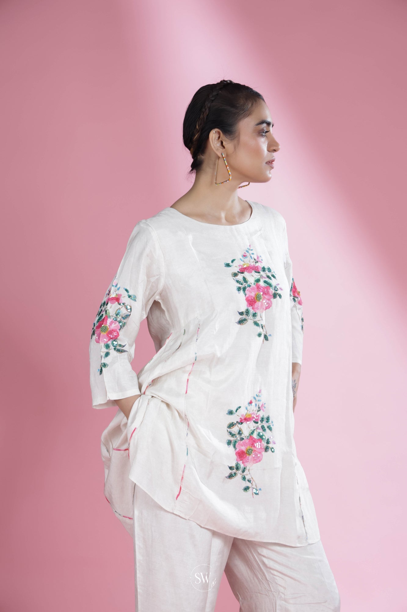 Ivory White Printed Top And Bottom Set With Floral Pattern