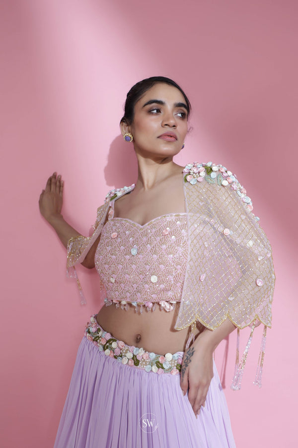Pale Purple Lehenga Set With Hand Embroidery