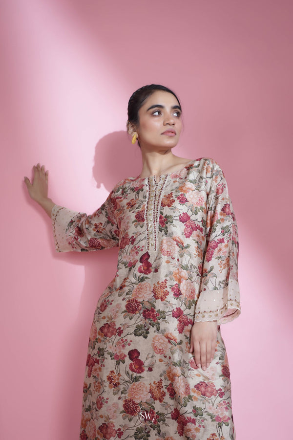 Off White Printed Top And Bottom Set With Floral Pattern