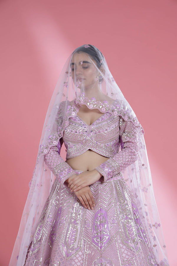 Pale Purple-Pink Lehenga Set With Hand Embroidery