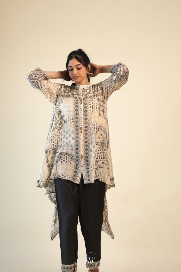 Cream-Black Printed Indo Western Dress With Geometrical Design