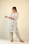 Pastel Mint Green Kurta Set With Floral-Stripes Pattern