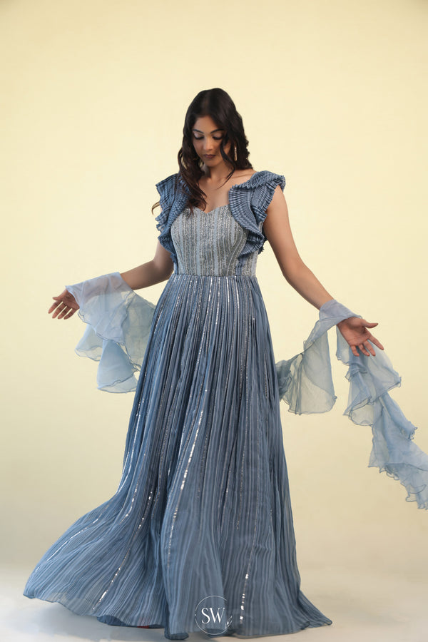Queen Blue Long Gown With Hand Embroidery