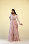 Melon Pink Embellished Long Gown With Floral Design