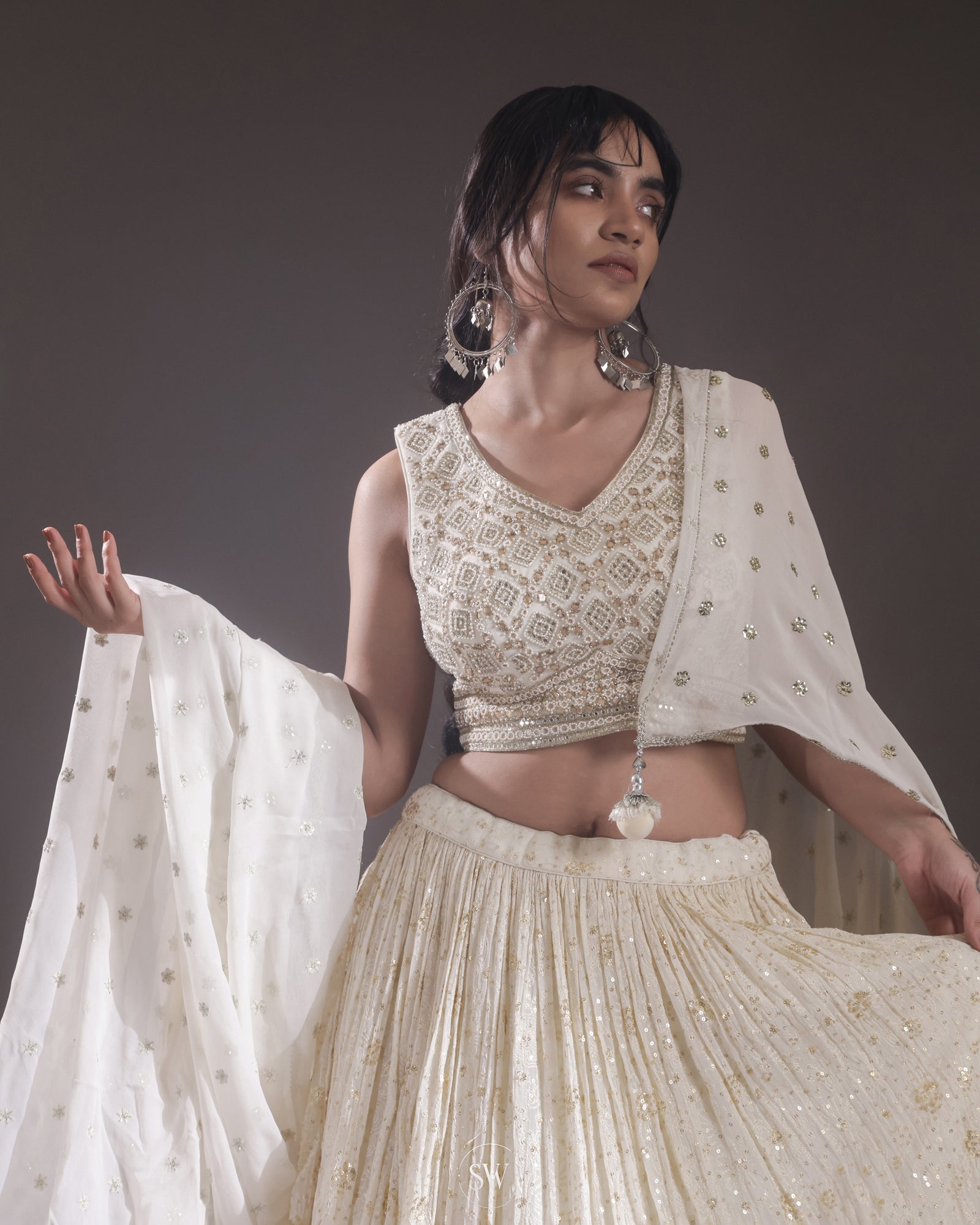 Off White Lehenga Set With Hand Embroidery