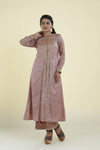 Oyster Pink Straight Suit Set With Floral Weaving