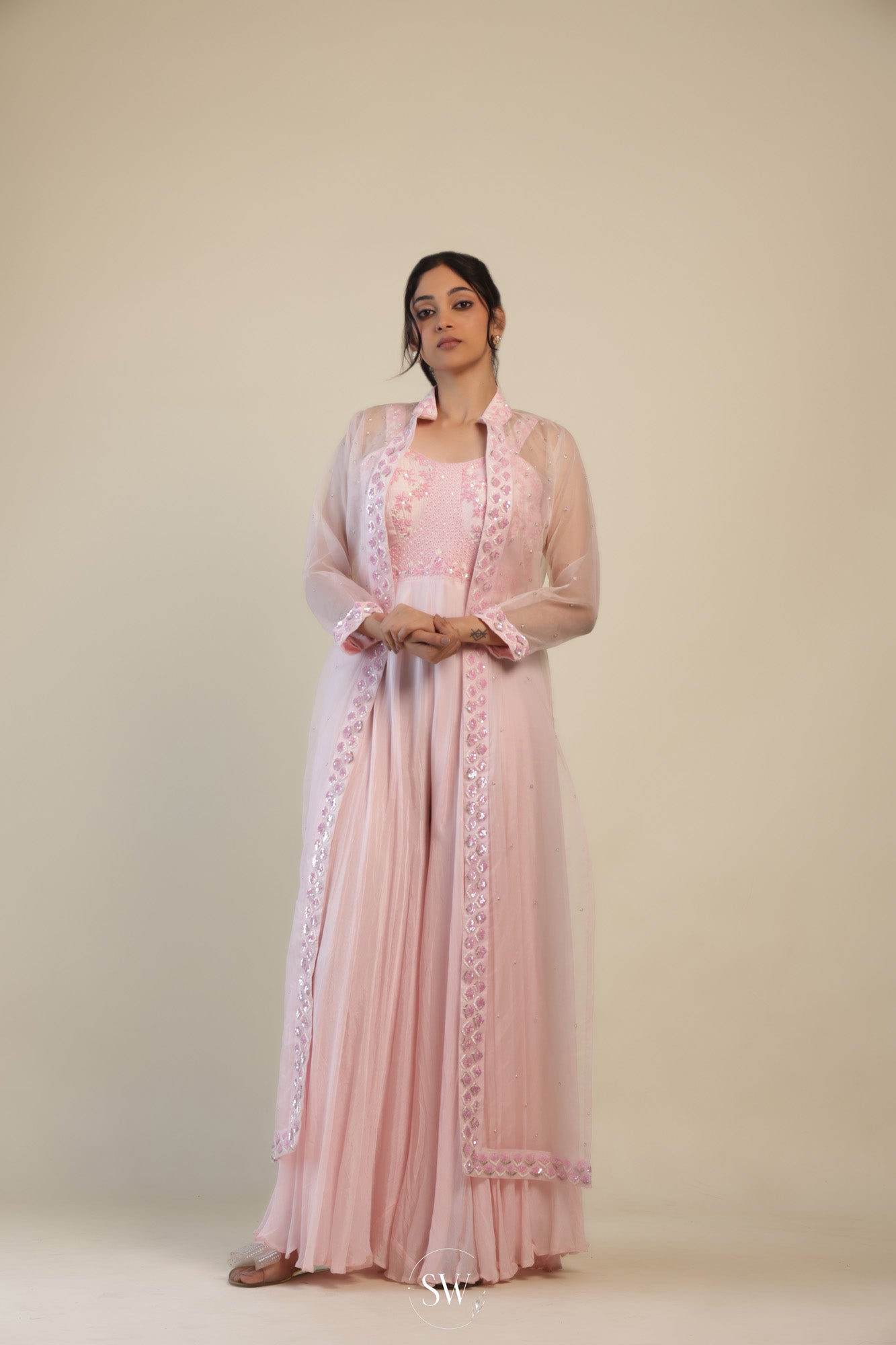 Pastel Pink Jumpsuit With Hand Embroidery