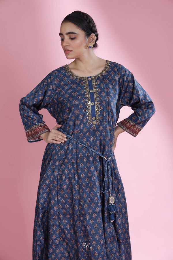 Prussian Blue Printed Kurti With Floral Design