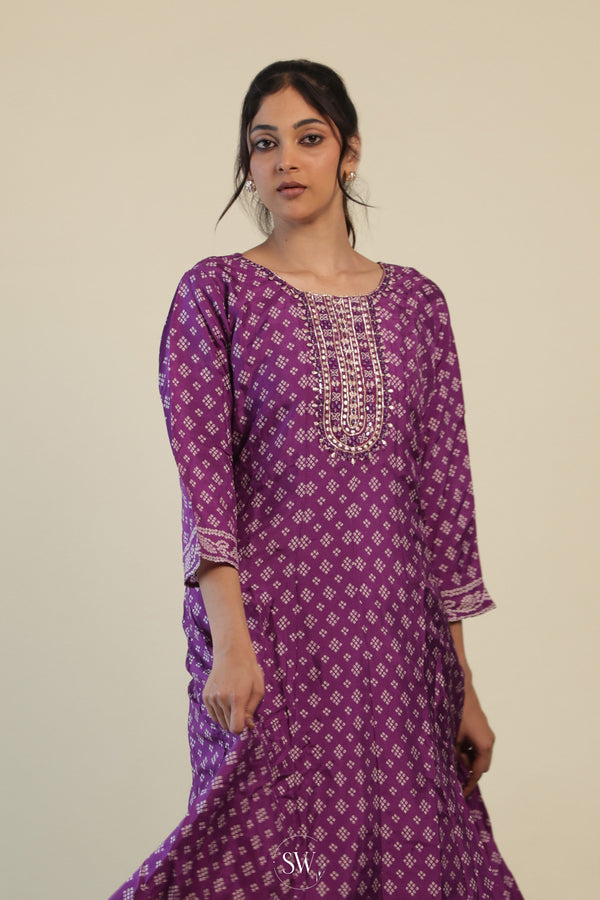 Tyrian Purple Printed Casual Kurti With Hand Embroidery