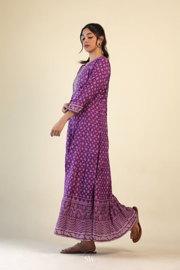 Tyrian Purple Printed Casual Kurti With Hand Embroidery