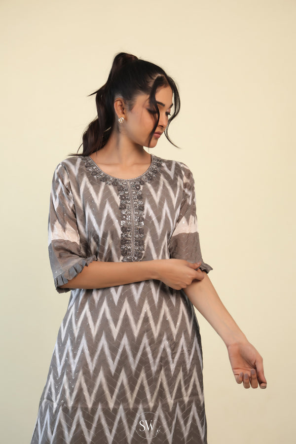Stone Grey-White Printed Kurti With Hand Embroidery