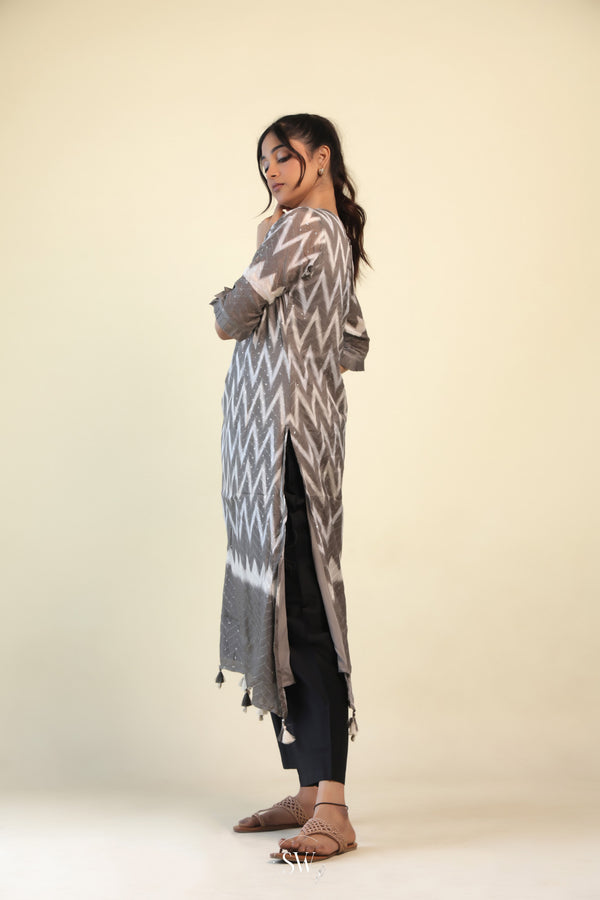 Stone Grey-White Printed Kurti With Hand Embroidery