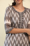 Stone Grey-White Printed Kurti With Hand Embroidery