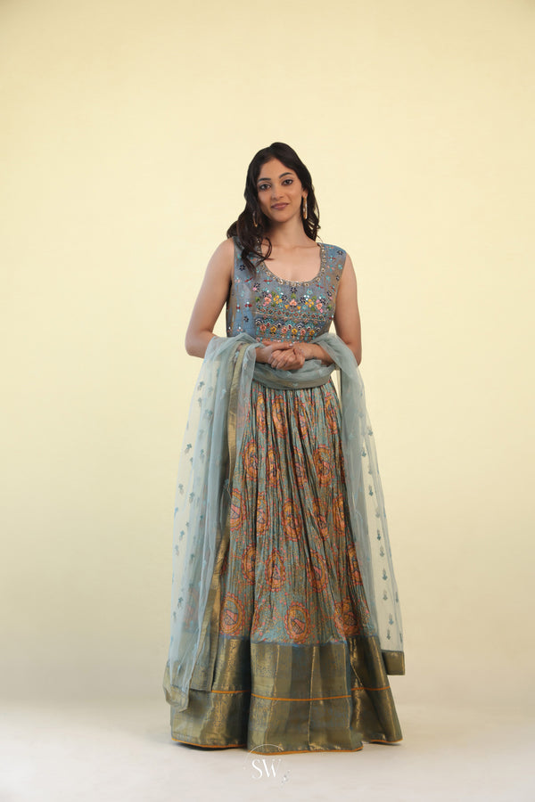 Beau Blue Printed Long Dress With Hand Embroidery