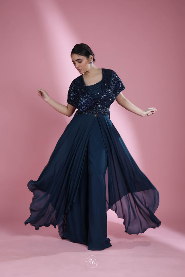 Navy Blue Indo Western Dress With Hand Embroidery