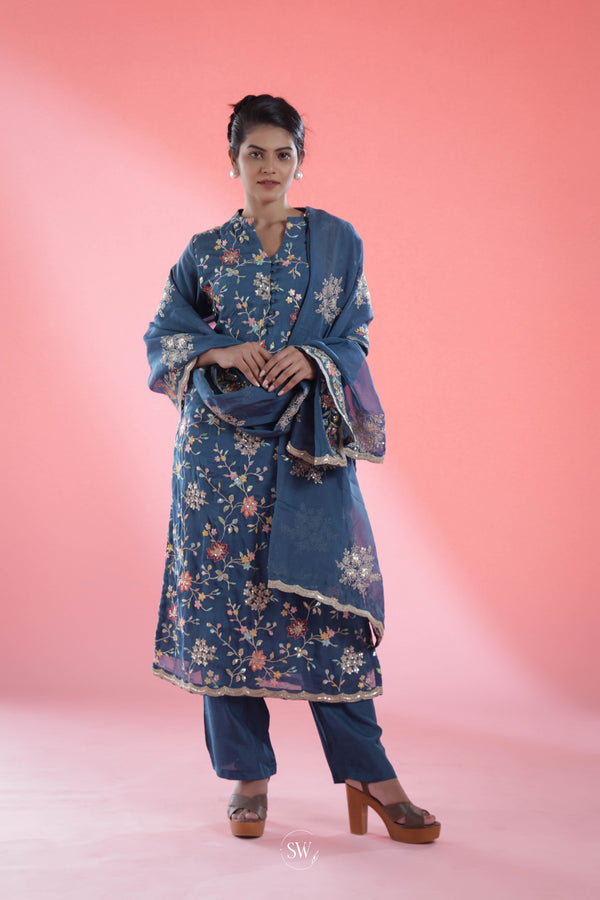 Lapis Blue Straight Suit Set With Hand Embroidery