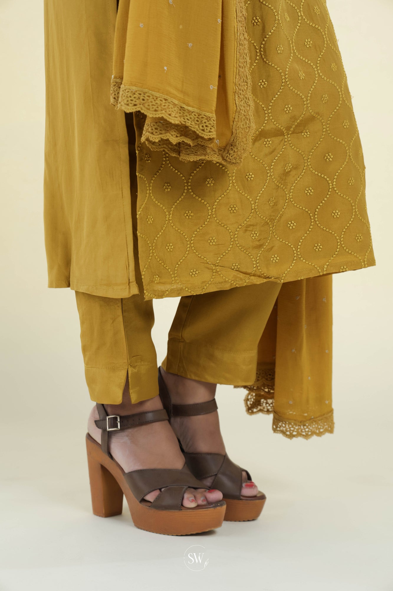 Sand Yellow Straight Suit Set With Hand Embroidery