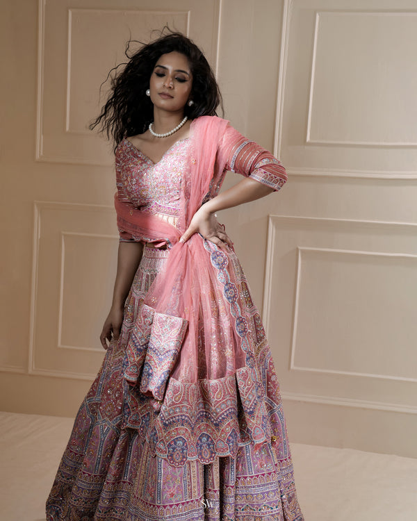 Light Pink Bridal Lehenga Set with Hand Embroidery