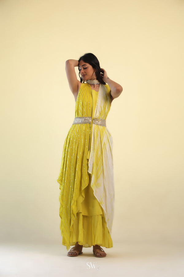 Pear Green Indo Western Dress With Hand Embroidery