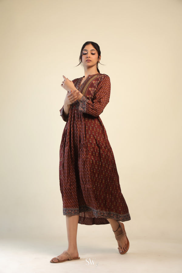 Brownish Red Printed Kurti With Floral Pattern