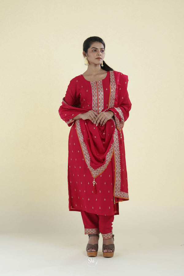Carmine Red Straight Suit Set With Hand Embroidery