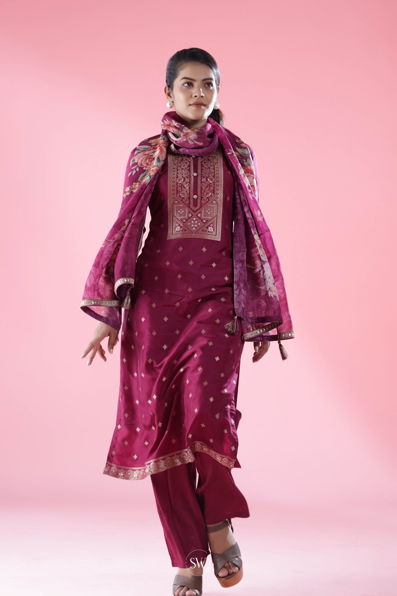Sangria Purple Straight Suit Set With Floral Weaving
