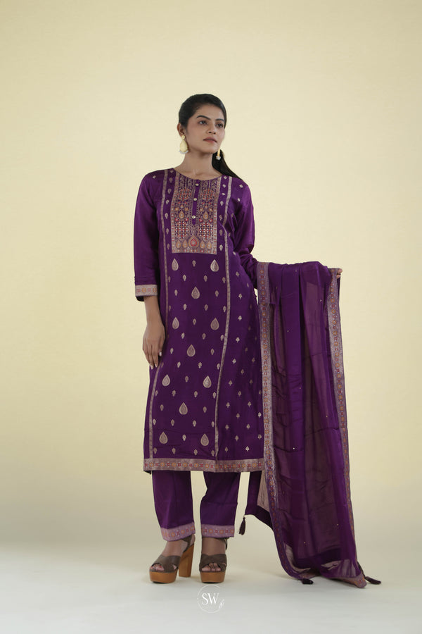 Eminence Purple Straight Suit Set With Floral Weaving